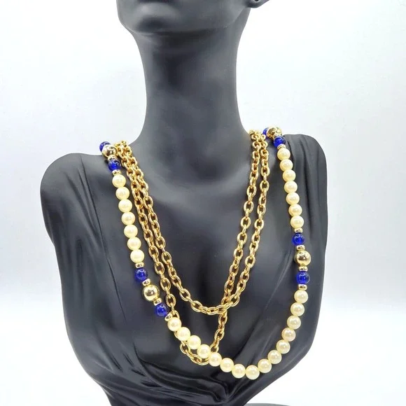Cobalt Blue Cream Beaded Necklace Multi Strand‎ Gold Tone Statement Elegant - Picture 2 of 9